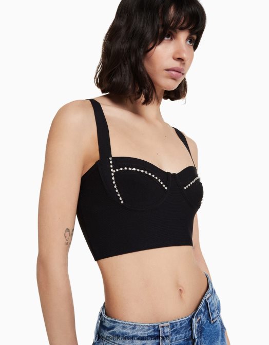 Bershka femei top cu bijuterie din tricot cu bretele negru Z86D837 îmbrăcăminte