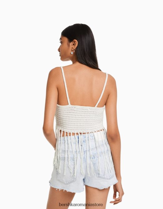 Bershka femei top cu bretele ajurate cu franjuri alb Z86D822 îmbrăcăminte