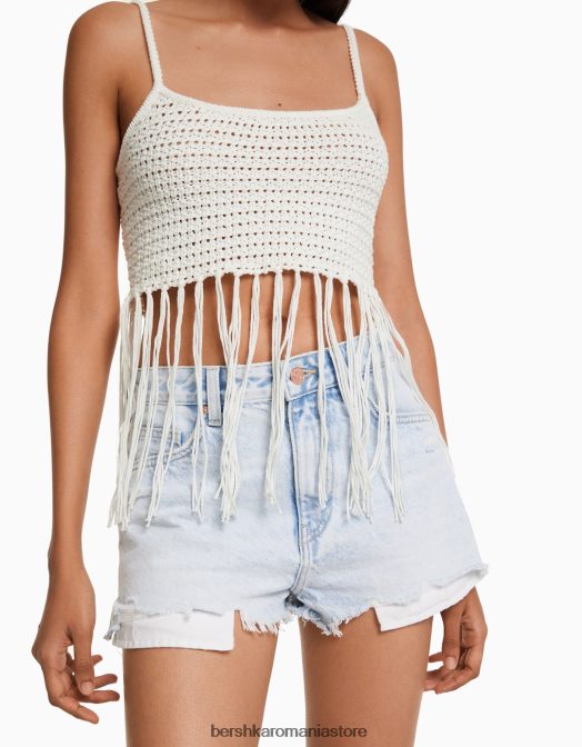 Bershka femei top cu bretele ajurate cu franjuri alb Z86D822 îmbrăcăminte