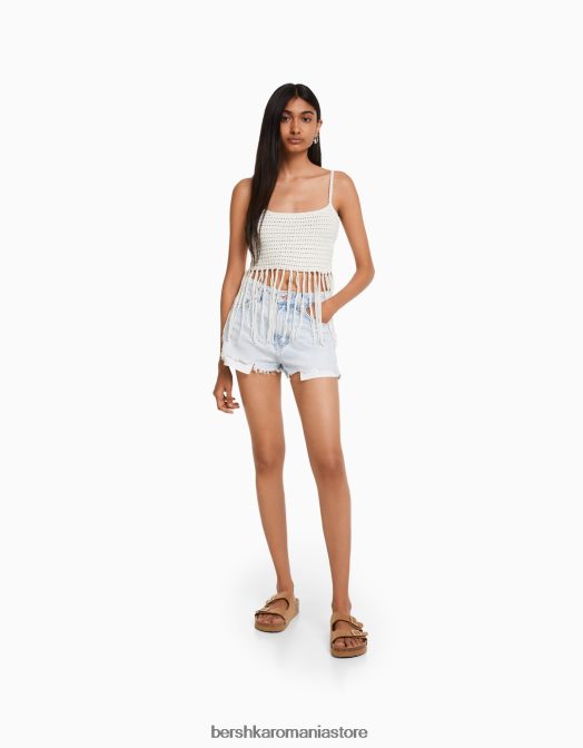 Bershka femei top cu bretele ajurate cu franjuri alb Z86D822 îmbrăcăminte