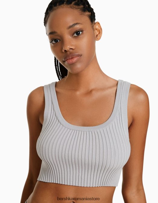 Bershka femei top cu bretele cu nervuri gri Z86D840 îmbrăcăminte