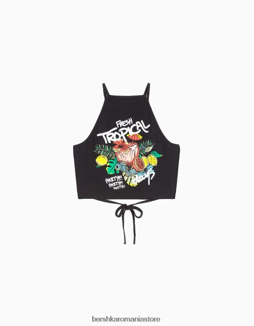 Bershka femei top cu bretele cu șnur imprimat negru Z86D656 îmbrăcăminte