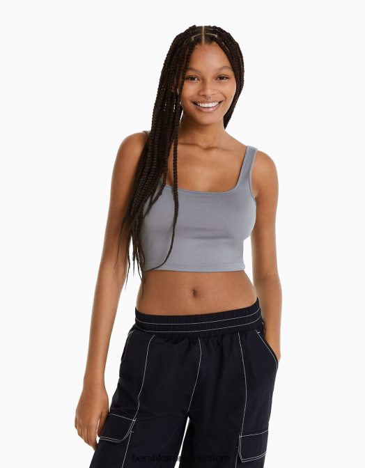 Bershka femei top cu bretele largi gri inchis Z86D800 îmbrăcăminte