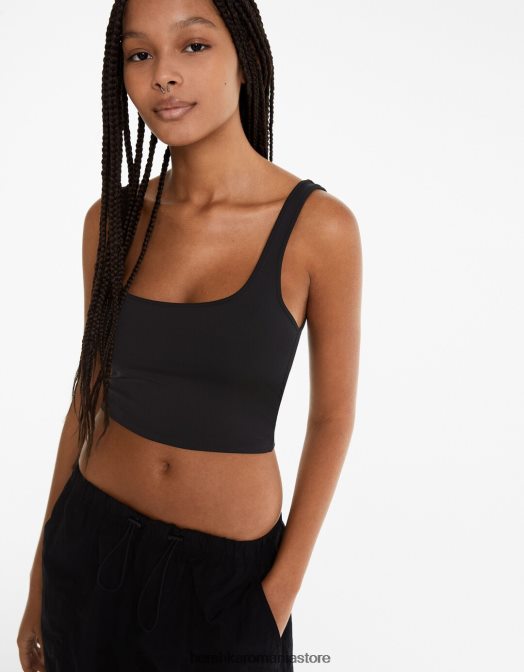 Bershka femei top cu bretele largi negru Z86D801 îmbrăcăminte