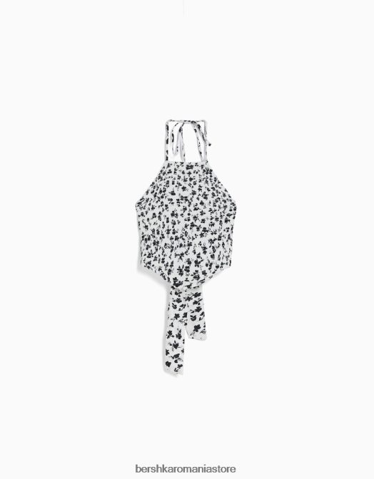 Bershka femei top cu cap cu detaliu cravată și elastic încâlcit alb negru Z86D890 îmbrăcăminte