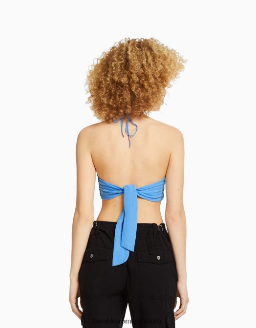 Bershka femei top cu cap cu detaliu cravată și elastic încâlcit albastru Z86D891 îmbrăcăminte