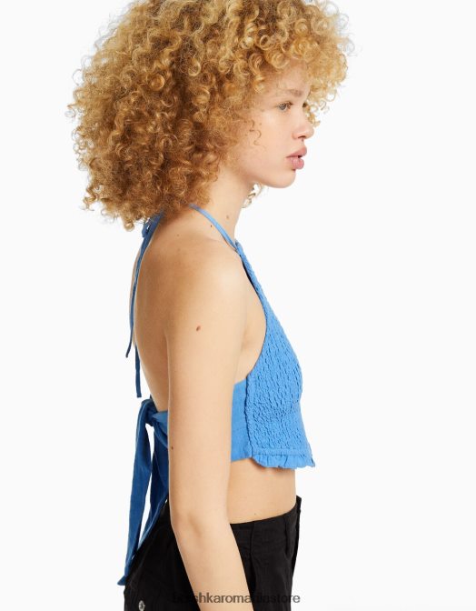 Bershka femei top cu cap cu detaliu cravată și elastic încâlcit albastru Z86D891 îmbrăcăminte