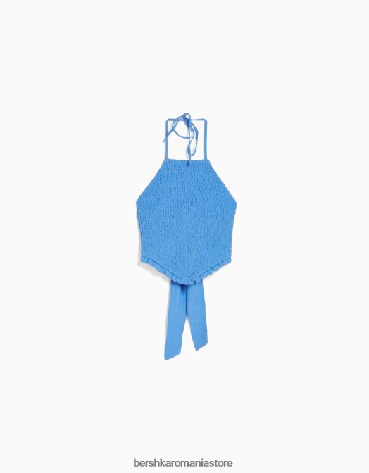 Bershka femei top cu cap cu detaliu cravată și elastic încâlcit albastru Z86D891 îmbrăcăminte