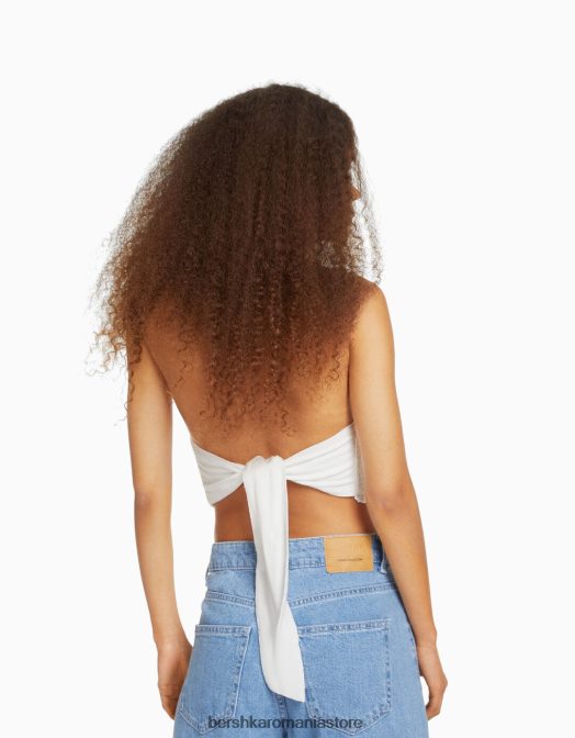 Bershka femei top cu cap cu detaliu cravată și elastic încâlcit cremă Z86D889 îmbrăcăminte