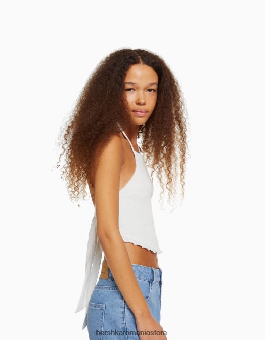 Bershka femei top cu cap cu detaliu cravată și elastic încâlcit cremă Z86D889 îmbrăcăminte