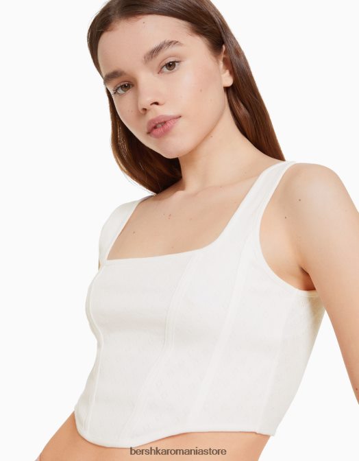 Bershka femei top cu corset cu bretele din tricot pointelle decupat alb Z86D892 îmbrăcăminte