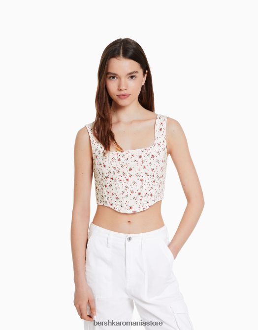 Bershka femei top cu corset cu bretele din tricot pointelle decupat cremă Z86D893 îmbrăcăminte