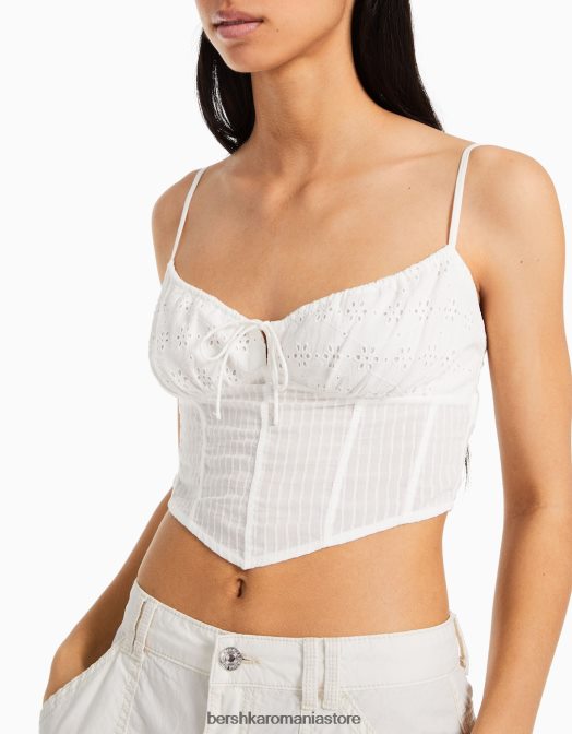 Bershka femei top cu corset cu broderie elvețiană alb Z86D650 îmbrăcăminte