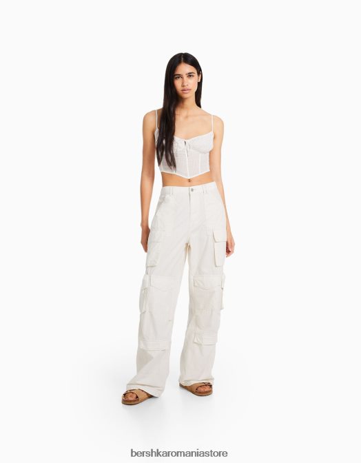 Bershka femei top cu corset cu broderie elvețiană alb Z86D650 îmbrăcăminte