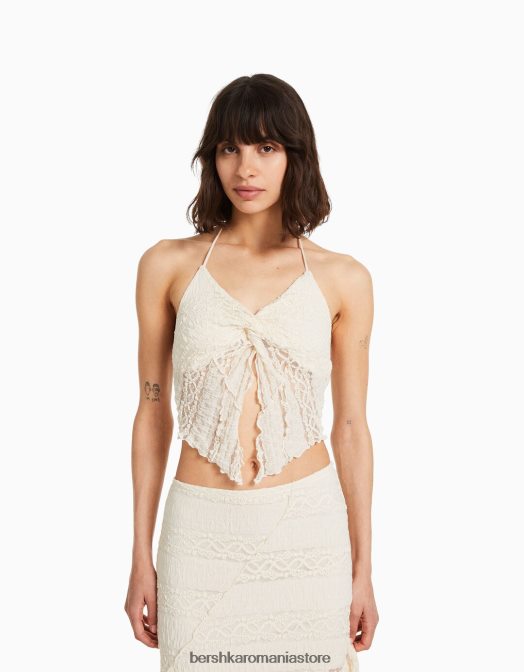 Bershka femei top cu dantelă cu bretele cremă Z86D751 îmbrăcăminte