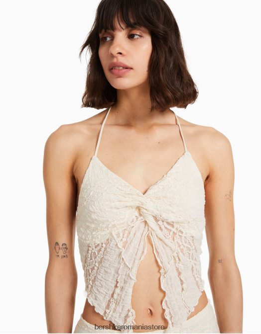Bershka femei top cu dantelă cu bretele cremă Z86D751 îmbrăcăminte