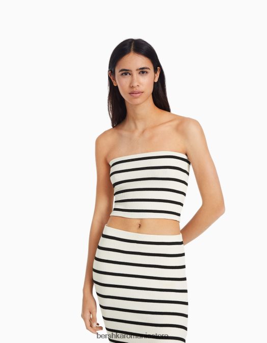 Bershka femei top cu decolteu bandeau în dungi cremă Z86D758 îmbrăcăminte