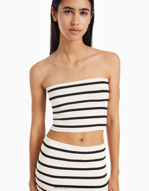 Bershka femei top cu decolteu bandeau în dungi cremă Z86D758 îmbrăcăminte