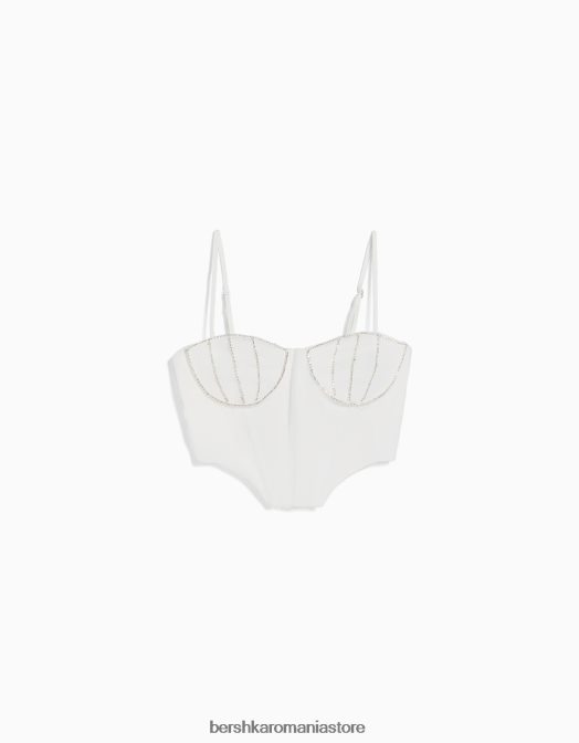 Bershka femei top cu decolteu incrustat cu strasuri alb Z86D727 îmbrăcăminte