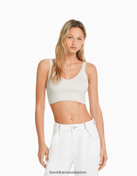 Bershka femei top cu decolteu în V din tricot cu coaste cremă Z86D776 îmbrăcăminte