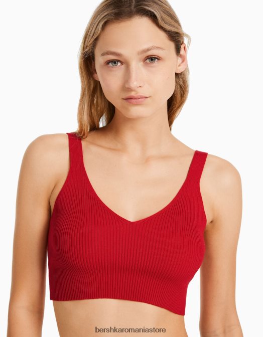 Bershka femei top cu decolteu în V din tricot cu coaste roșu Z86D778 îmbrăcăminte