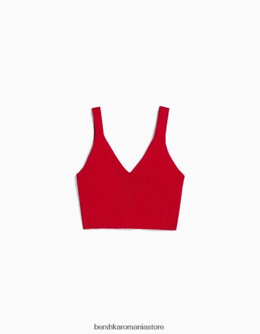 Bershka femei top cu decolteu în V din tricot cu coaste roșu Z86D778 îmbrăcăminte