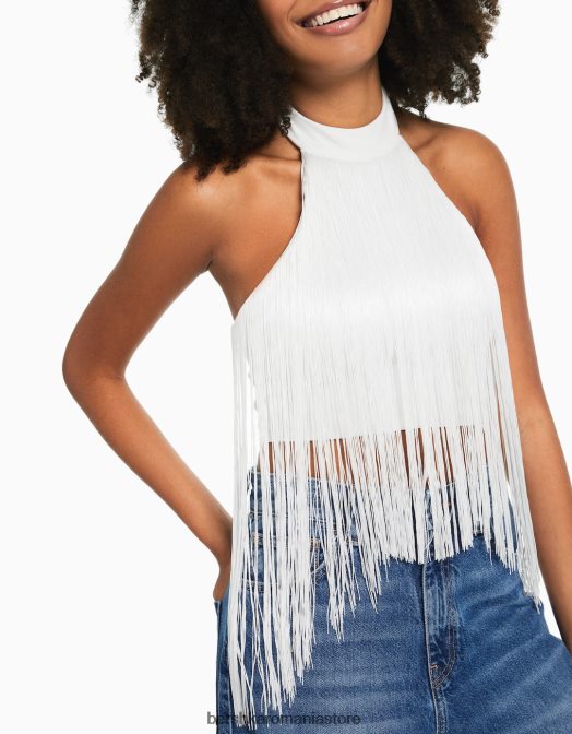 Bershka femei top cu gât cu franjuri cremă Z86D717 îmbrăcăminte
