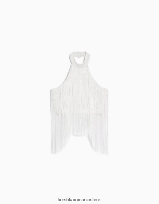 Bershka femei top cu gât cu franjuri cremă Z86D717 îmbrăcăminte