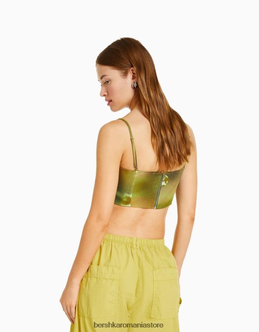 Bershka femei top cu imprimeu bengalină în stil corset verde Z86D832 îmbrăcăminte