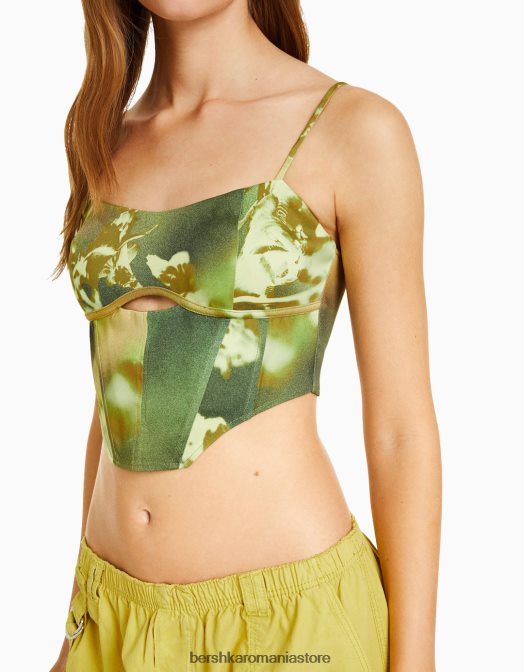 Bershka femei top cu imprimeu bengalină în stil corset verde Z86D832 îmbrăcăminte