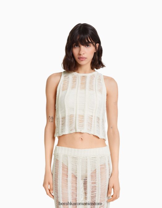 Bershka femei top cu tricot deschis fără mâneci cremă Z86D755 îmbrăcăminte