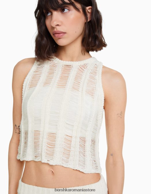 Bershka femei top cu tricot deschis fără mâneci cremă Z86D755 îmbrăcăminte