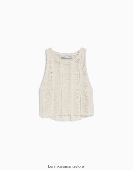 Bershka femei top cu tricot deschis fără mâneci cremă Z86D755 îmbrăcăminte