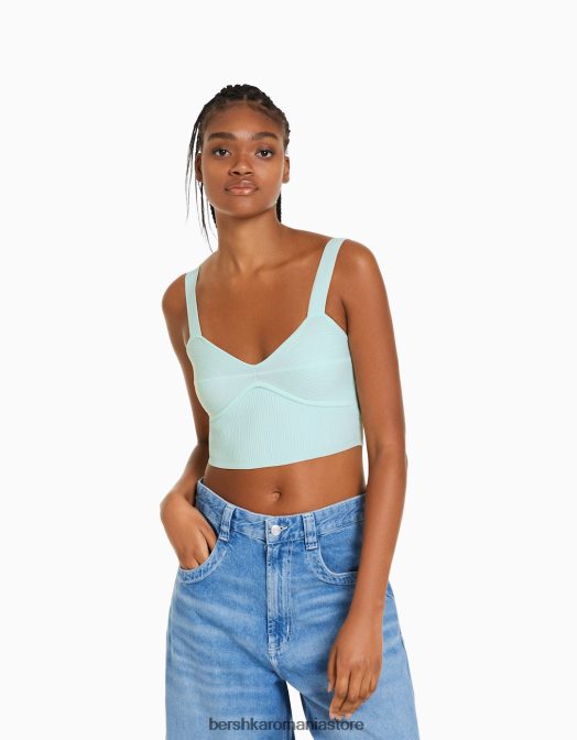Bershka femei top din nailon striat cu bretele albastru deschis Z86D833 îmbrăcăminte