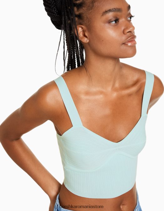 Bershka femei top din nailon striat cu bretele albastru deschis Z86D833 îmbrăcăminte