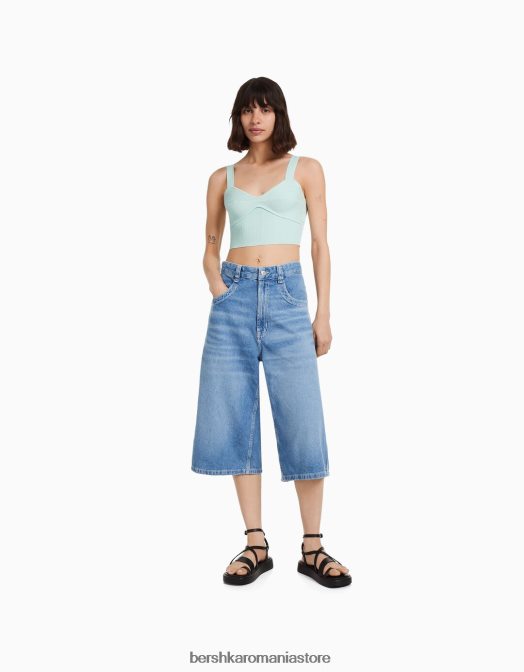 Bershka femei top din nailon striat cu bretele albastru deschis Z86D834 îmbrăcăminte