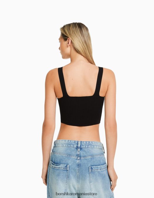 Bershka femei top din nailon striat cu bretele negru Z86D835 îmbrăcăminte