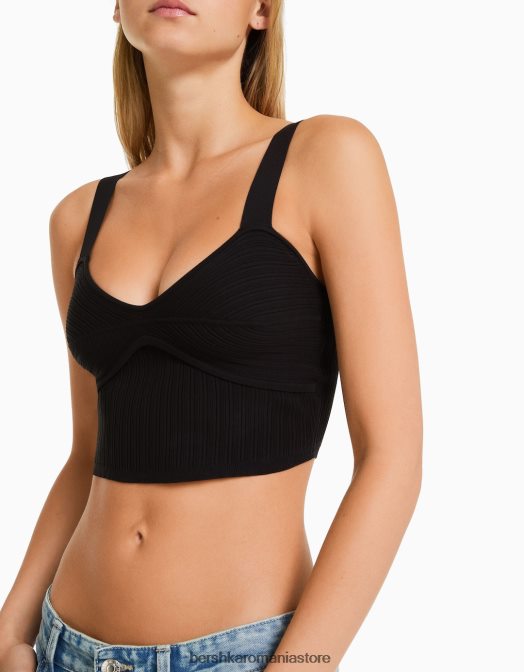 Bershka femei top din nailon striat cu bretele negru Z86D835 îmbrăcăminte