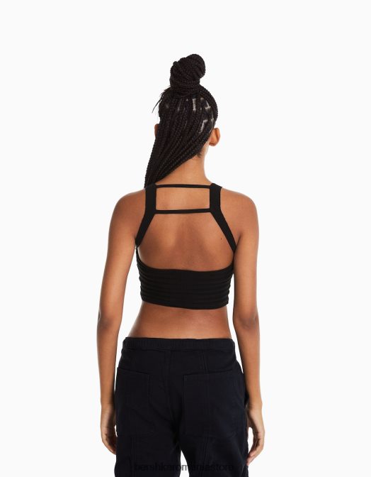 Bershka femei top din tricot transparent negru Z86D783 îmbrăcăminte
