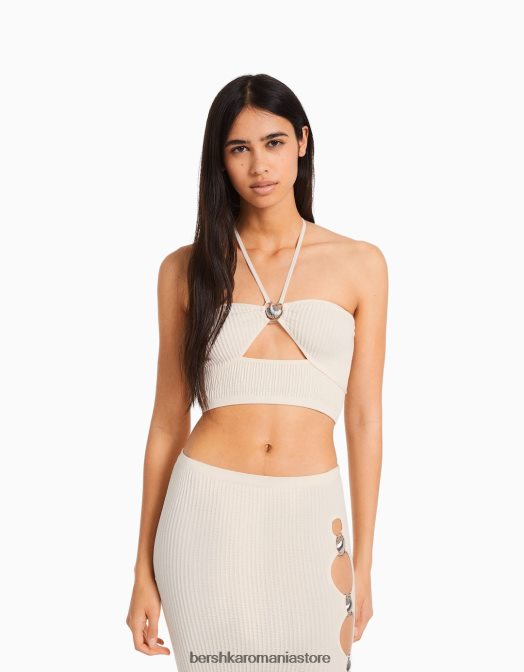 Bershka femei top fără cusături cu halter cu detalii alb Z86D726 îmbrăcăminte