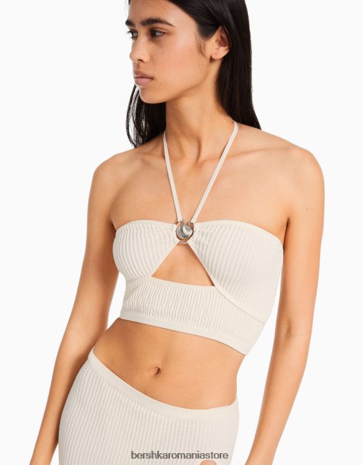 Bershka femei top fără cusături cu halter cu detalii alb Z86D726 îmbrăcăminte