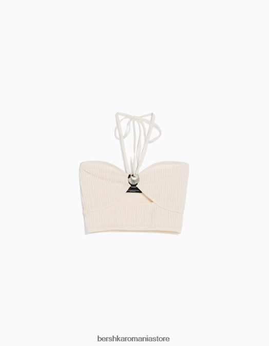 Bershka femei top fără cusături cu halter cu detalii alb Z86D726 îmbrăcăminte