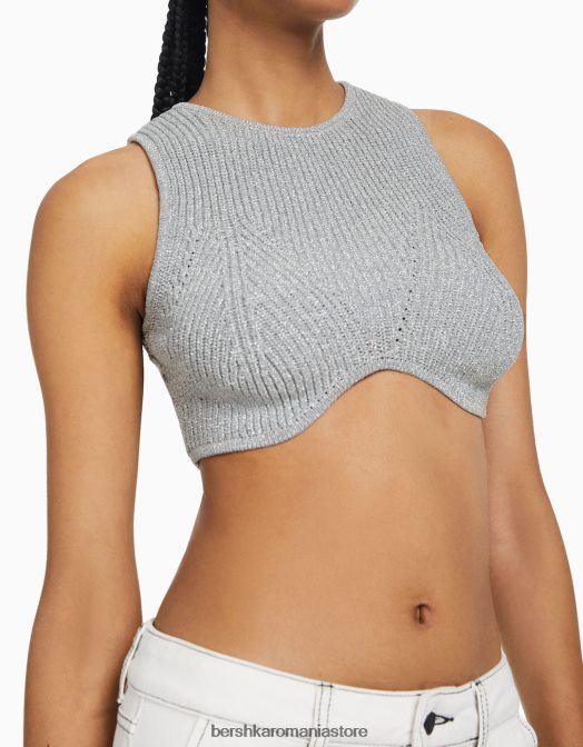 Bershka femei top fără mâneci din tricot metalic argint Z86D842 îmbrăcăminte