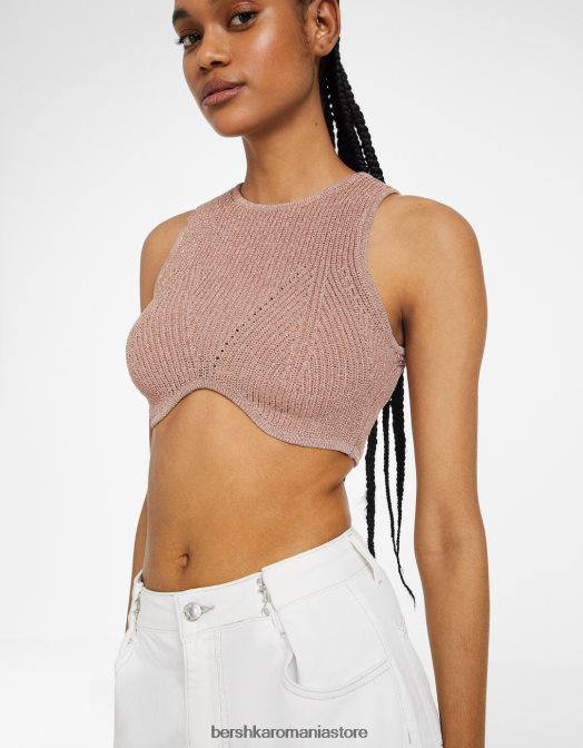 Bershka femei top fără mâneci din tricot metalic roz Z86D843 îmbrăcăminte