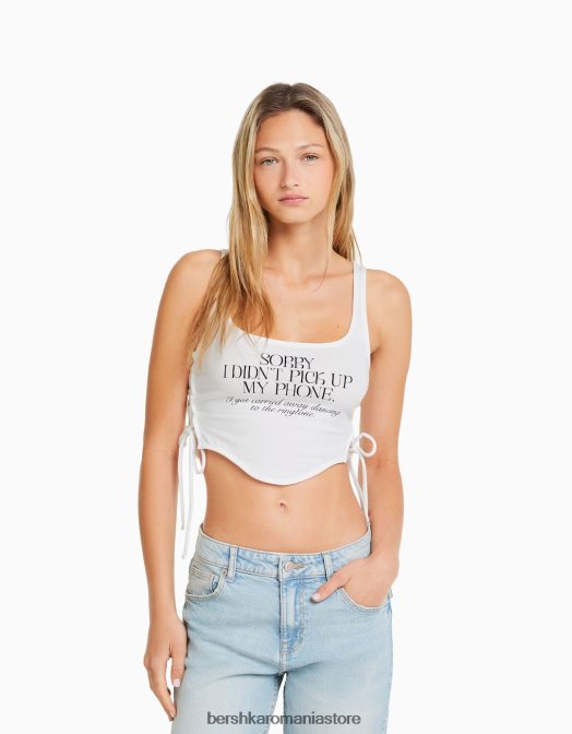 Bershka femei top fără mâneci imprimat cu legături laterale cremă Z86D679 îmbrăcăminte