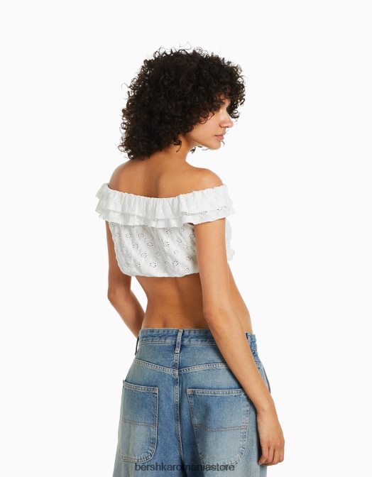 Bershka femei top fără umeri cu broderie elvețiană cremă Z86D854 îmbrăcăminte