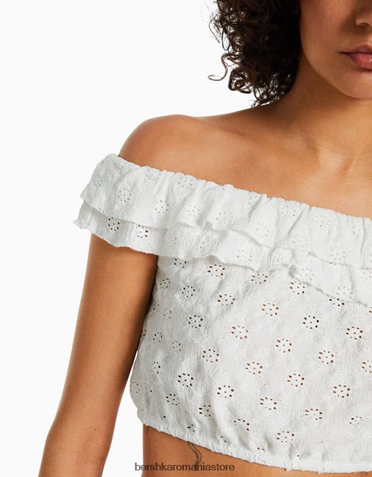Bershka femei top fără umeri cu broderie elvețiană cremă Z86D854 îmbrăcăminte
