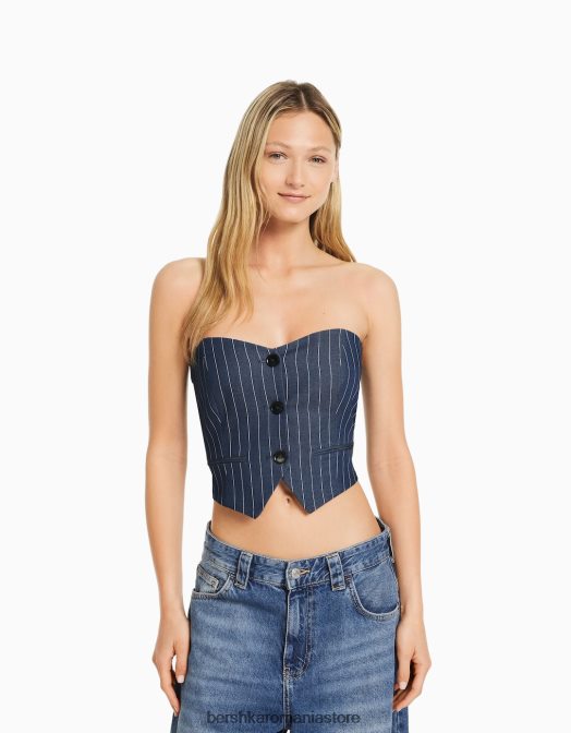 Bershka femei vestă croită cu dungi cu umeri expuși albastru inchis Z86D672 îmbrăcăminte