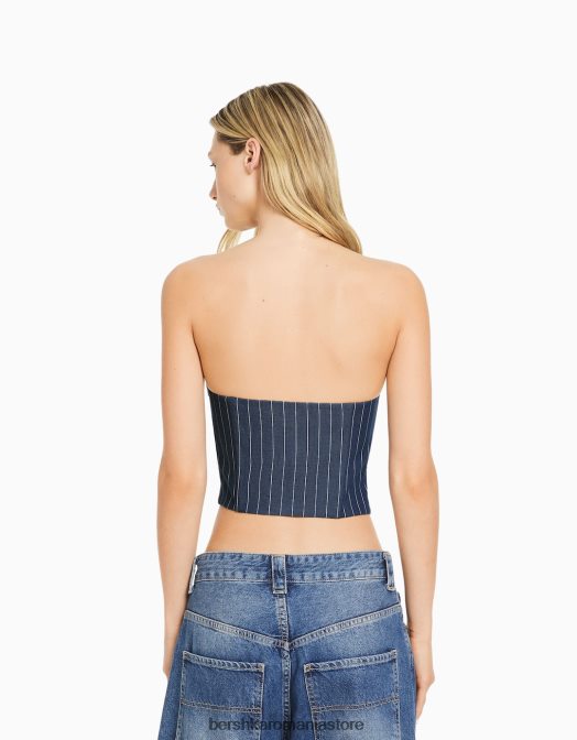 Bershka femei vestă croită cu dungi cu umeri expuși albastru inchis Z86D672 îmbrăcăminte