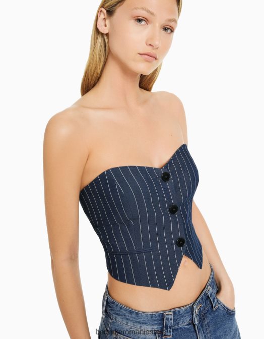 Bershka femei vestă croită cu dungi cu umeri expuși albastru inchis Z86D672 îmbrăcăminte